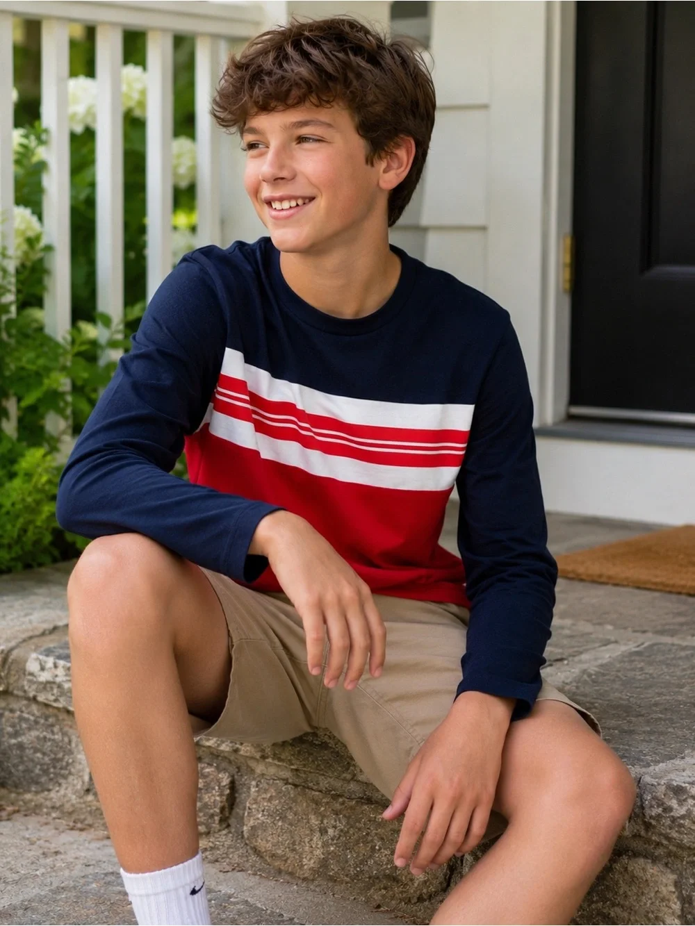 Old Navy Boys Colorblock Long Sleeve Tee Red Navy White XL 14-16 NWT